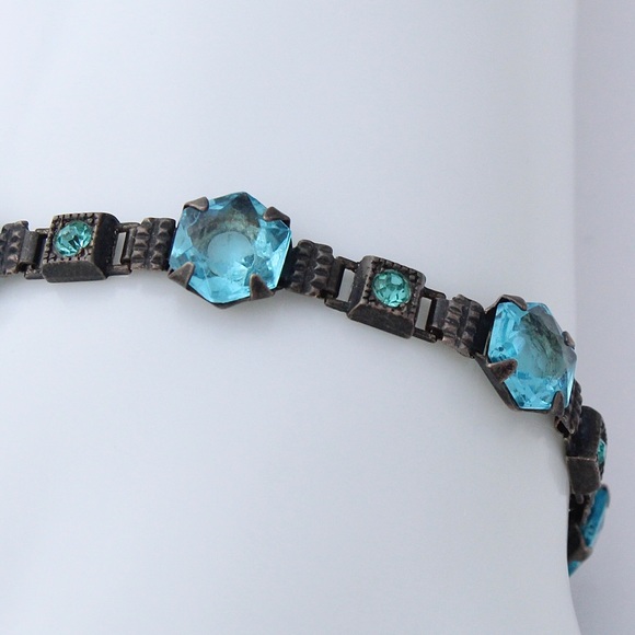 Vintage Walter E. Hayward Blue Glass Sterling Silver Link Bracelet - Picture 4 of 5